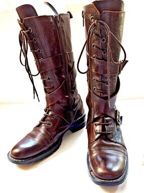 Cordani Brown Combat Military Riding Boots Sz 8 Mid-Thigh Zipper Lace-Up Buckles